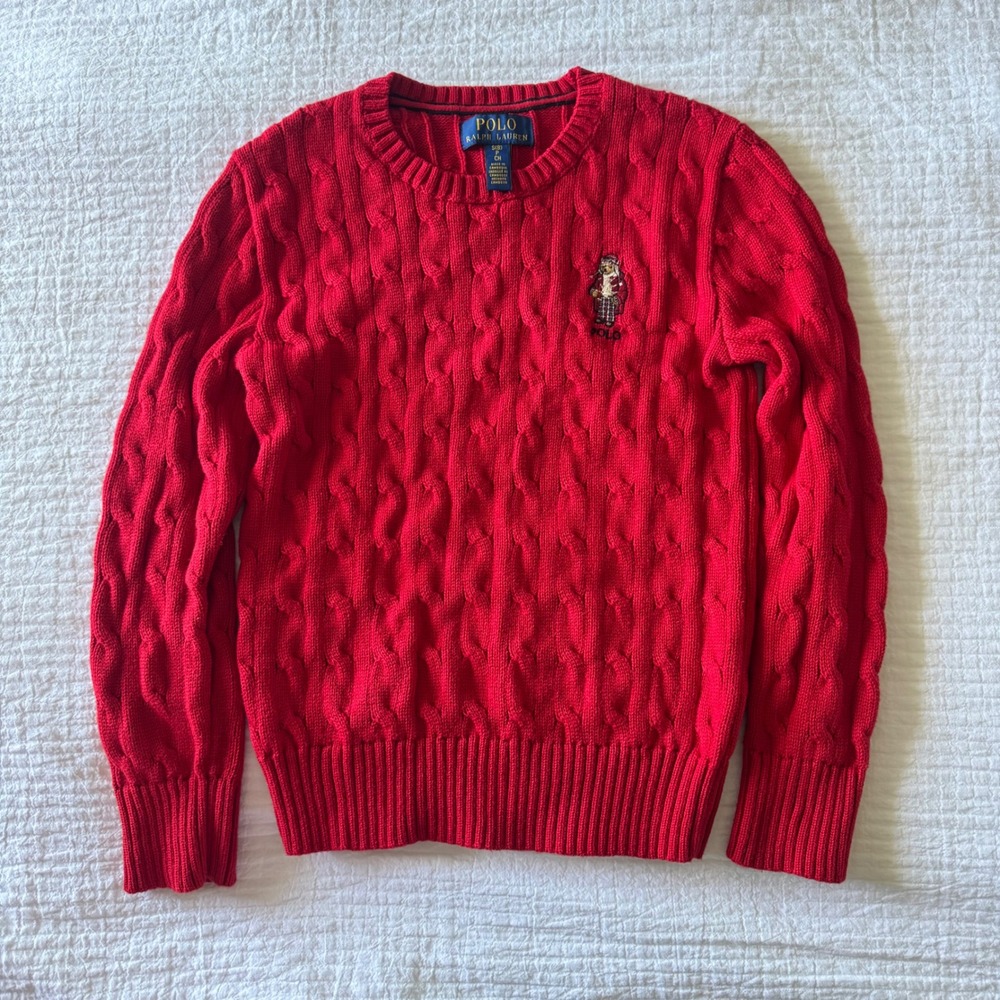 Polo Ralph Lauren Boys Red Cable Knit Bear Sweater Size S 8 Cotton Luxury Preppy